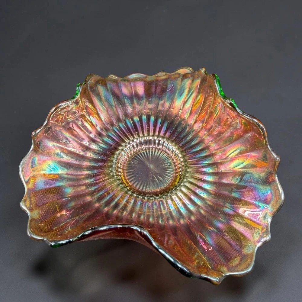 Vintage Carnival Glass Bowl Tri Corner Ruffled‎ Fluted Marigold Iridescent Green